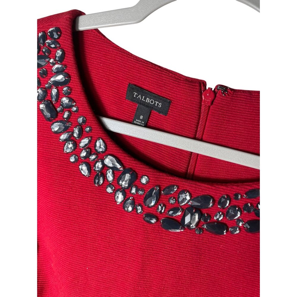Talbots Women’s Size 8 Red Jewel Embellished Collar Short Sleeve Holiday Dress - Picture 3 of 3